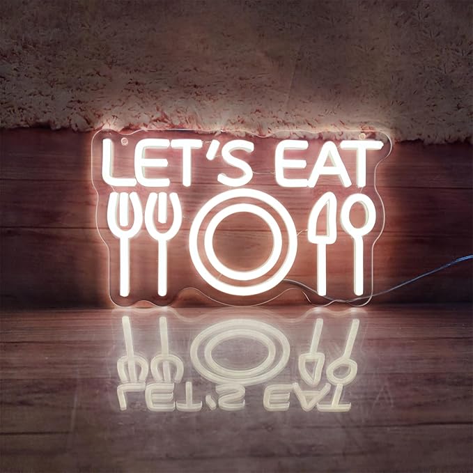Let's Eat Neon Sign Lets Eat Neon Signs for Wall Decor, Food Led Light Sign for Lunch Club Hotel Canteen Cooking Restaurant Small Bate Party, 6.9" x 11.8"