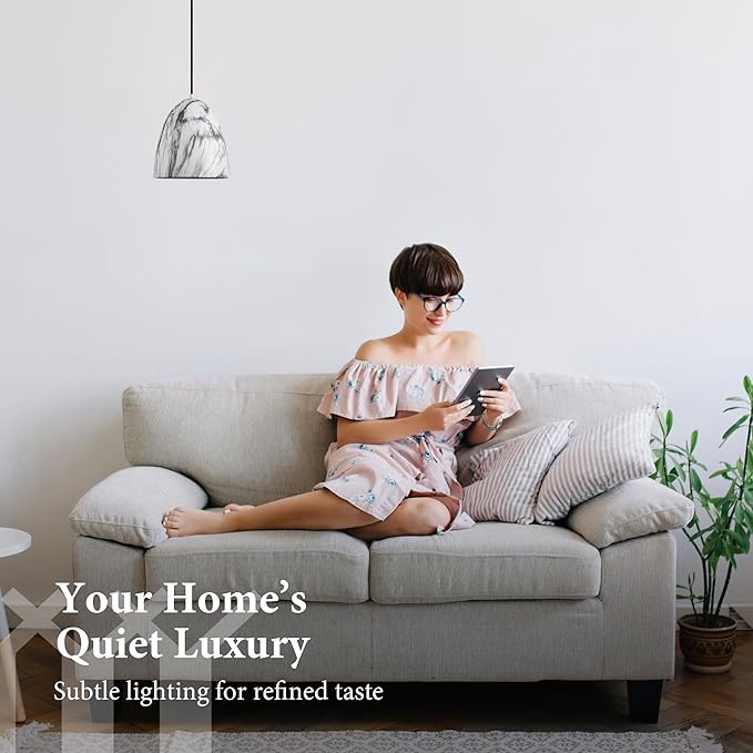 Modern Marble Pendant Light, 8.2"x7.9" Metal Hanging Light Fixture with Faux White Stone Finish, 15"-72" Adjustable Line, E26 Socket for Dining Room, Kitchen, Entryway, Bedroom – Ivory Quartz