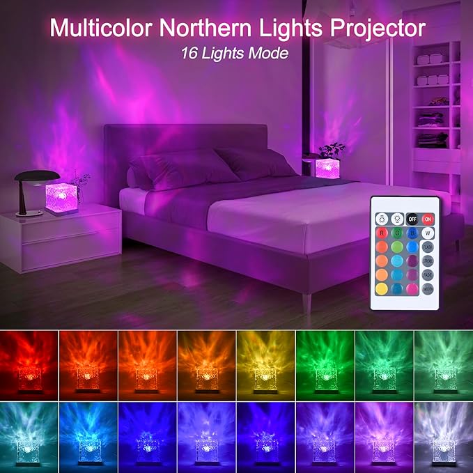 1 Pack Northern Lights Projector Night Light, 16 Colors Northern Lights Lamp Aurora Light Projector for Bedroom, Wave Night Light with Remote Control & Adapter, Room Decor