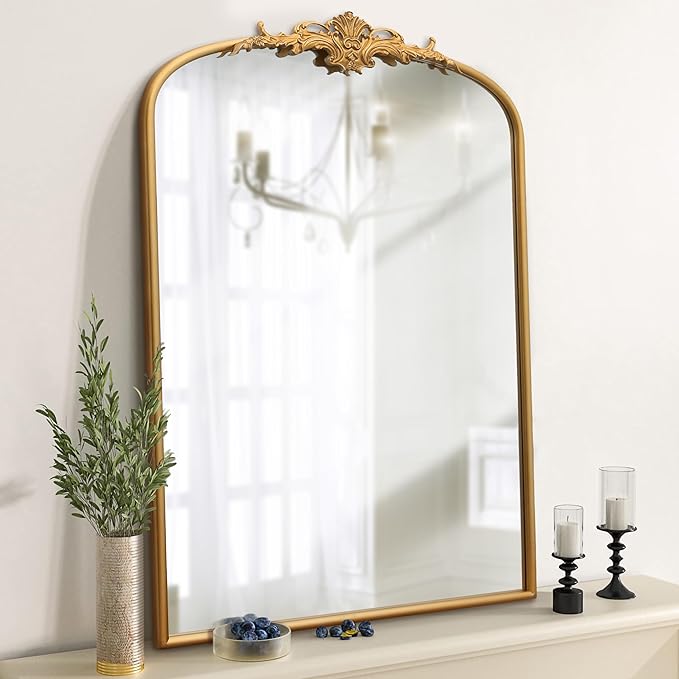 Antique Baroque Arched Mirror: 24"x36" Arch Gleaming Gold Vintage Wall Mounted Mirror - Traditional Ornate Home Decor for Entryway/Fireplace/Bathroom - Idea for Homemakers