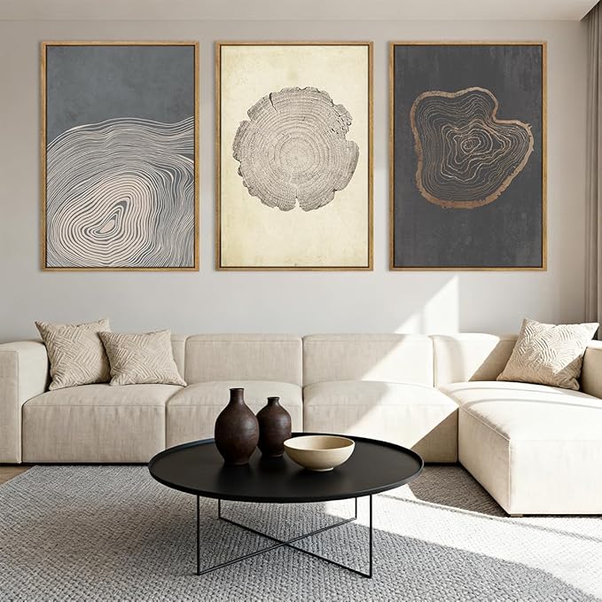 Anyzal Neutral Tree Ring Wall Art Modern Wood Stump Wall Decor 24x36 Inch Set of 3 for Living Room Bedroom Dining Room