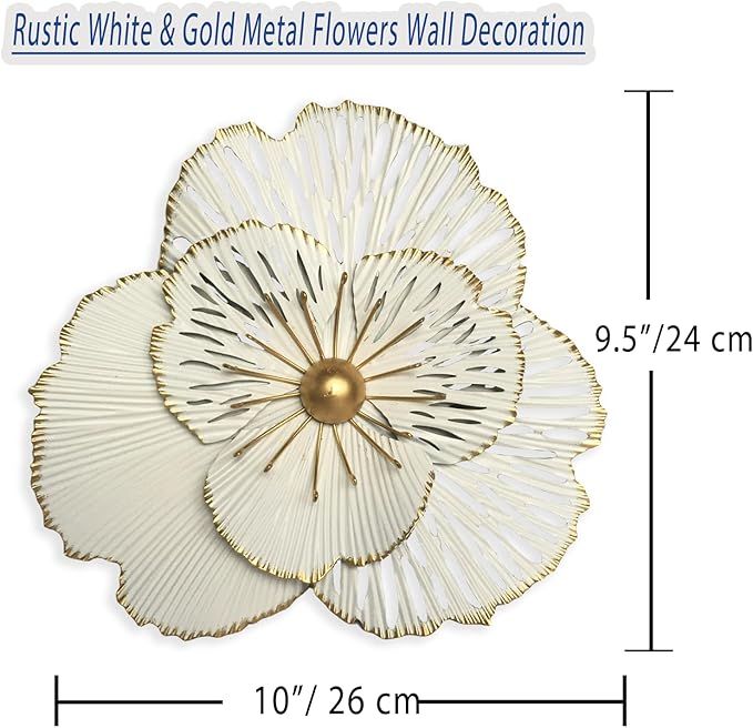 10" Metal Flower Wall Art Decor, Rustic Modern Floral Sculpture, Distressed Iron Wall Hanging Home Decoration Accent Artworks for Indoor Kitchen Bedroom Living Office Outdoor Garden Patio (36A-White)