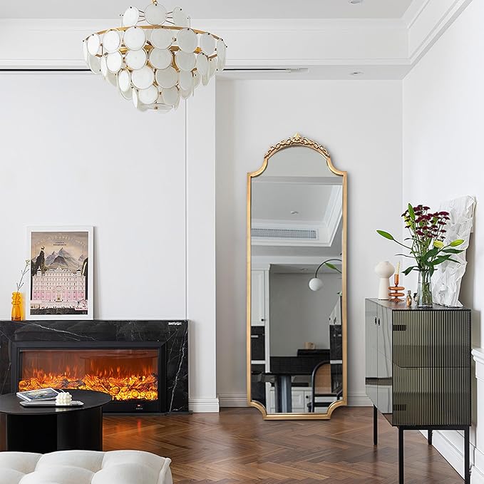 Large Gold Arched Mirror, 61"x22" Vintage Floor Mirror for Dressing, Ornate Baroque Mirrors Full Length, Traditional Carved Mantel Mirrors for Living Room Bathroom Bedroom Entryway