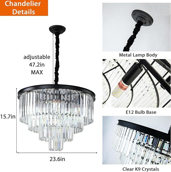 Black Modern Crystal Chandelier Lighting K9 Crystal Round Chandelier Hanging Ceiling Light Fixture 4-Tier Contemporary Crystal Pendant Light for Dining Room Living Room Bedroom 23.6inch