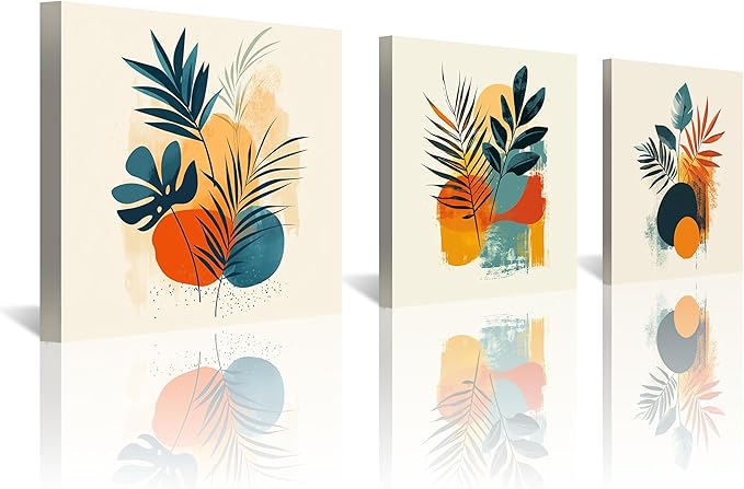 NAN Wind 3Pcs Tropical Leaf Wall Art Palm Frond and Foliage Canvas Print with Bold Orange Teal Yellow Shapes Mid-Century Modern Botanical Plant Pictures for Boho Living Room Bedroom Office Wall Decor
