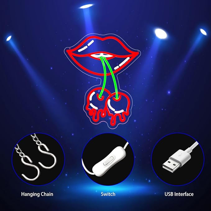 Cherry Lips Neon Sign, Neon Signs for Wall Decor Neon Red LED Signs Room Neon Light Up Signs Home Decor for Bedroom Club Party Bar Shop USB Operated