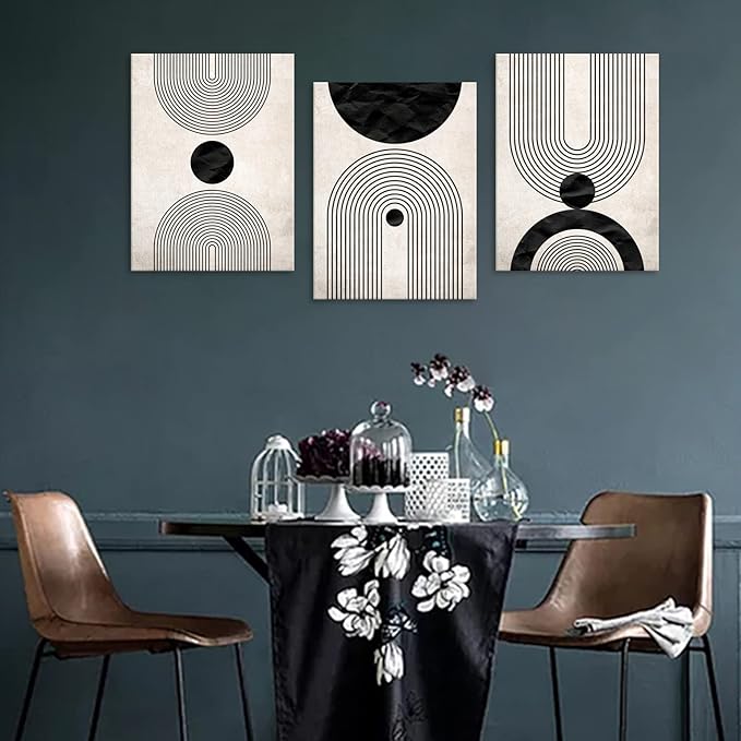arteWOODS Wall Art Canvas Set Mid Century Boho Pictures Modern Abstract Geometric Wall Decor Minimalist Black Beige Bohemian Canvas Painting Artwork for Living Room Bedroom Office 12"x16"x3
