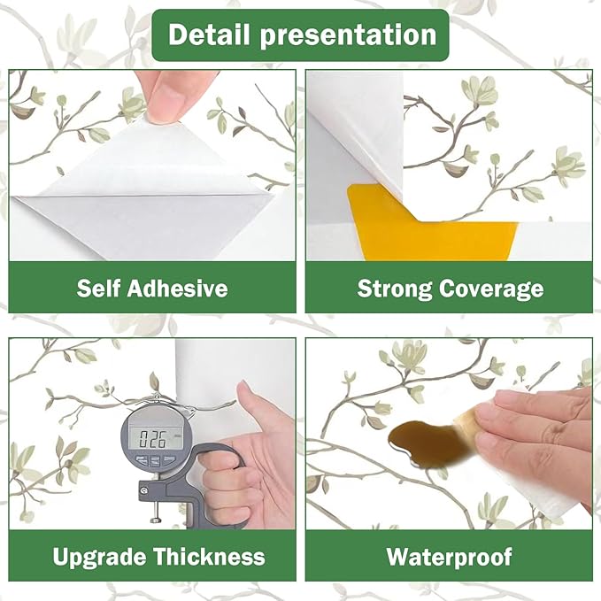 Modern Floral Peel and Stick Wallpaper Boho Green Leaf Branches Contact Paper for Cabinets Self-Adhesive Removable Wallpaper for Bedroom Farmhouse Contact Paper for Bathroom Waterproof 17.5" x 118"