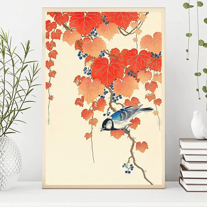 OZCONO Japanese Bird Art Print, Vintage Blue Songbird with Red Maple Leaves, Gallery Quality UV-Resistant Giclée Print, Unframed Wall Decor (18L x 12W)
