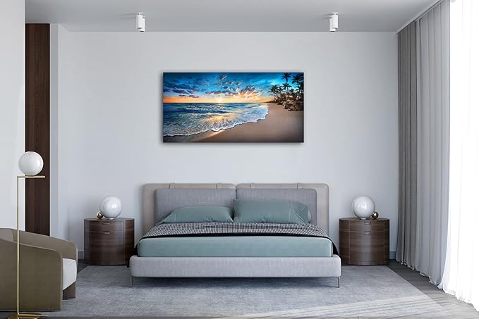 Jiuqinghua Canvas Prints Wall Art Blue Beach Ocean Landscape Paintings 1 panel Sunset Sea Waves Wall Decor Pictures Stretched and Framed for Living Room Bedroom and Office Decor Artwork 30x60inch