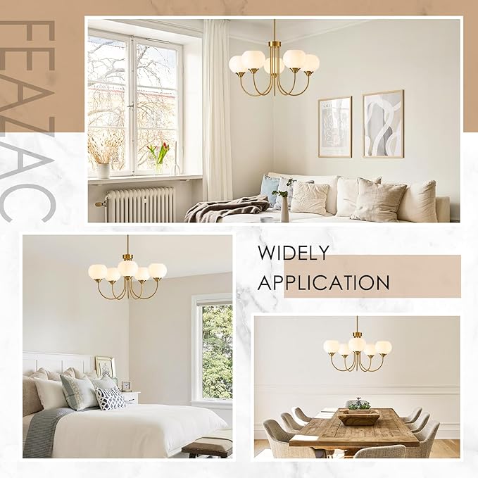 Modern Globe Chandelier 5 Light Mid Century White Milk Glass Vintage Sputnik Hanging Chandeliers Gold Pendant Light Fixtures for Dining Room Kitchen Living Room Bedroom