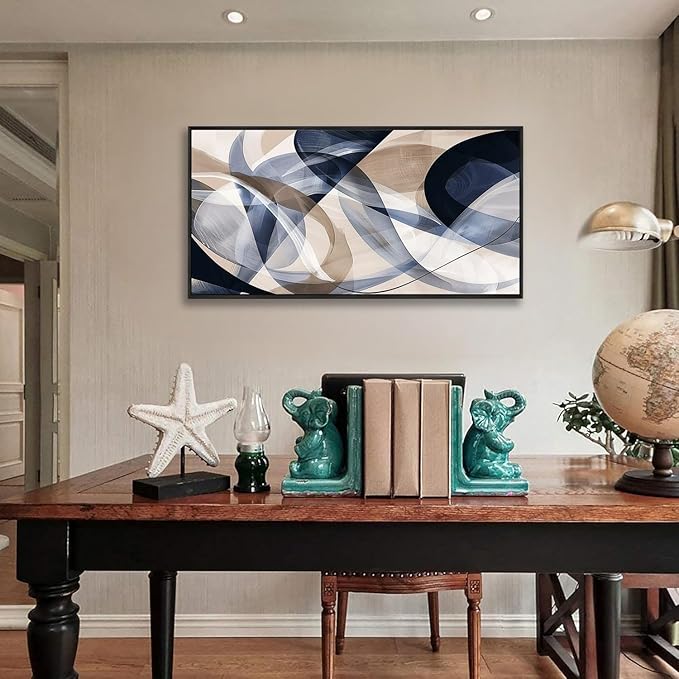 Modern Geometric Abstract Canvas Wall Art 48 x 24 inches Navy Blue and Beige Tones Canvas Painting Framed Home Artwork Living Room Decor for Bedroom Office Wall Decor