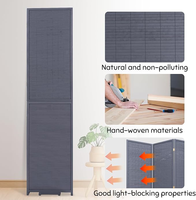 Bamboo Room Divider Folding Privacy Screens, Wall Divider for Room Separation, Portable Room Partitions and Dividers, 5.6FT Bamboo Mesh Woven Room Divider Panel (Grey, 4 Panel)