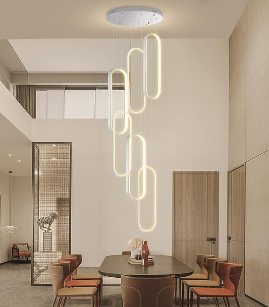 6 Rings Modern Chandelier LED Dimmable Pendant Lighting High Ceiling Chandelier for Entrance Foyer Lobby Living Room Staircaes Sliver 78.7''