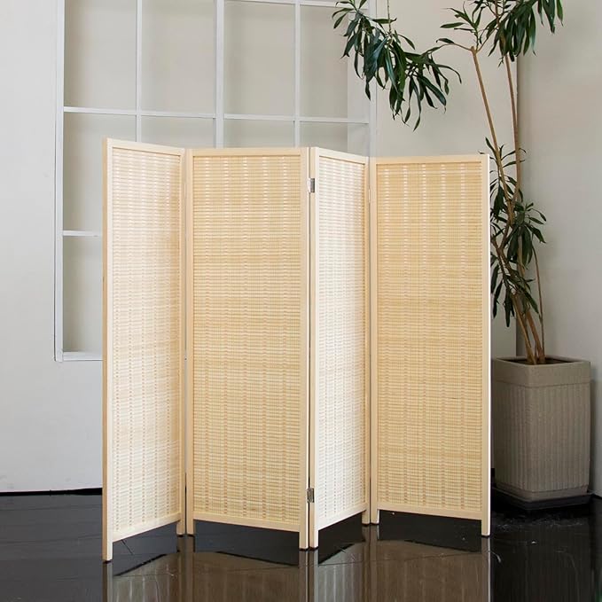 4 Panel Short Room Divider Folding Screen,47 inch Bamboo Panel Divider for Home Partition,Beige