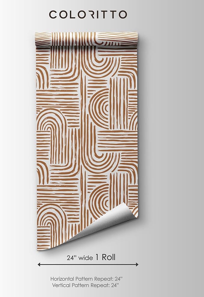 Minimalist Abstract Lines Wallpaper | Removable Self Adhesive Brown Boho Wallpaper | Geometrical Rounded Lines Peel and Stick Wallpaper (1 roll 24" W x 72" H)