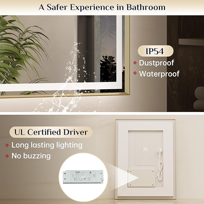 Keonjinn 22 x 30 in Gold LED Mirror with Frontlit & Backlit, Lighted Mirrors for Bathroom Wall, Modern Brushed Frame Beveled Edge, Tempered Glass, 3 Color Lights, Defogging, Dimmable, Memory Function