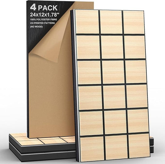 4Pack Acoustic Wall Panel, Self-Adhesive Soundproof Foam Panels for Wall, 3D Perforated Tri-Layer Polyester Fiber Decorative Acoustic Insulation for Recording Studio, Office, Home, 24×12×1.78", Square
