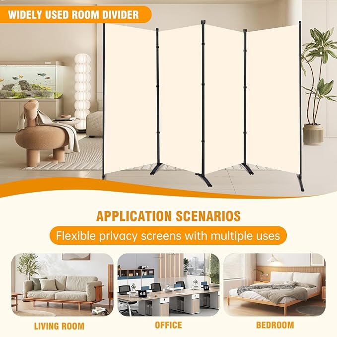 4 Panel Folding Privacy Screens, 6 FT Tall Wall Divider with Metal Frame, Freestanding Room Divider for Office Bedroom Study (4 Panel, Beige)