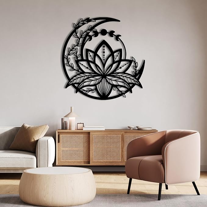 Metal Lotus Flower Wall Art - Extra Large Lotus Moon Metal, Moon Phase Outdoor Decor, Zen Wall Art for Bedroom, Living Room, Yoga Room (White, 19x18in|48x46cm)