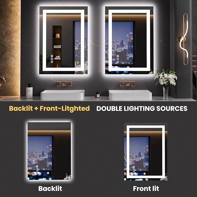 LOAAO 20"x28" LED Mirror for Bathroom, Lighted Bathroom Mirror with Lights, Anti-Fog, Dimmable, Memory Function, Easy to Install, Clear Reflection