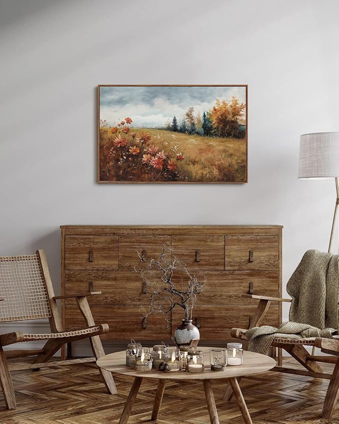 KISSFOX Vintage Fall Countryside Framed Wall Art Autumn Wildflower Forest Landscape Canvas Art Farmhouse Floral Golden Fields Paintings Artwork Rustic Serene Art Prints For Kitchen Living room Bedroom
