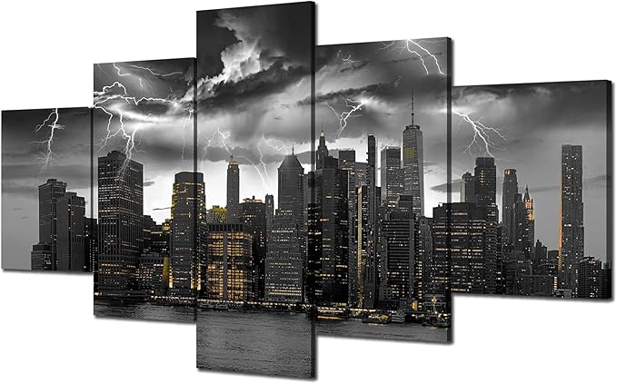 Cawpom Black and White New York Skyline Wall Art Manhattan Storm Cityscape Wall Decor Picture Canvas Print Nature Lightning Strikes Painting Poster Frame Home Living Room Decoration(60x32 inches)