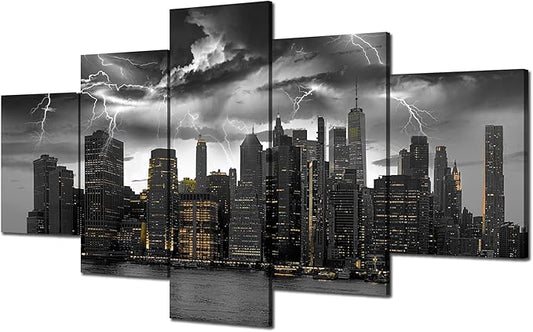 Cawpom Black and White New York Skyline Wall Art Manhattan Storm Cityscape Wall Decor Picture Canvas Print Nature Lightning Strikes Painting Poster Frame Home Living Room Decoration(60x32 inches)