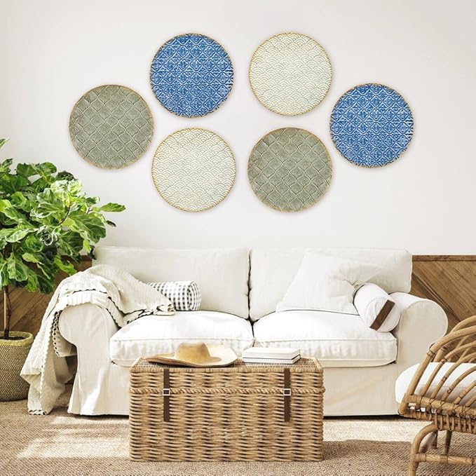 Briful 12" Wall Décor Pack of 3 Metal Blue White Washed Starbursts Radial Plate Wall Art Modern Accent Hanging Wall Decorations For Home Office Bedroom Or Living Room Wall Sculptures
