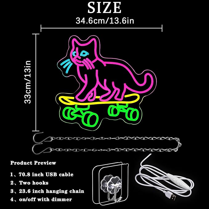 Cat Skateboard Neon Sign for Wall Decor Cat Neon Light Skateboard LED Neon Signs Colorful Led Neon Lights for Bedroom Pet Shop Skatepark Decoration