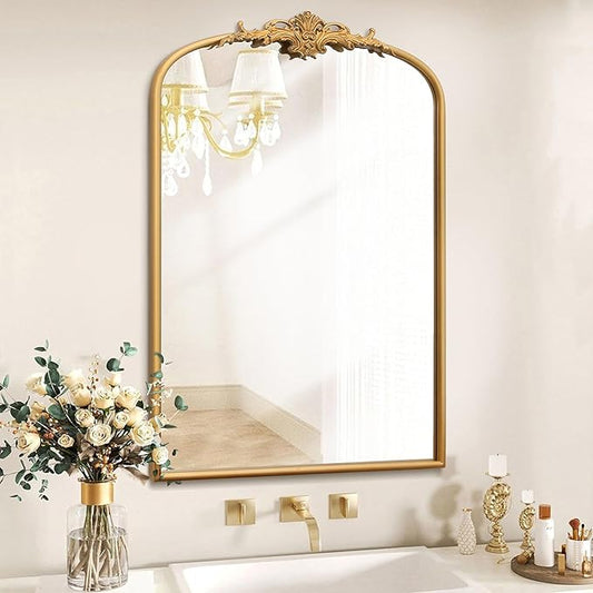 Antique Baroque Arched Mirror: 24"x36" Arch Gleaming Gold Vintage Wall Mounted Mirror - Traditional Ornate Home Decor for Entryway/Fireplace/Bathroom - Idea for Homemakers