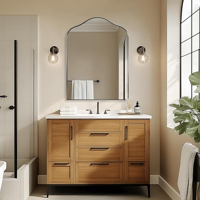 ANDY STAR Scalloped Arched Mirror, 30x40 Brushed Nickel Irregular Bathroom Mirror for Vanity, Asymmetrical Curved Top with Anti-Rust Stainless Steel Frame, for Entryway, Bedroom, Mantel, Fireplace