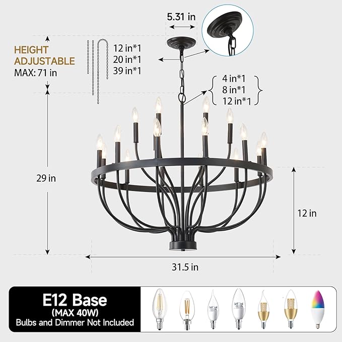 Black Farmhouse Chandelier 32-Inch, 18-Light Dining Room Chandelier, Modern Industrial Candle Chandeliers for Living Room Entryway Foyer E12