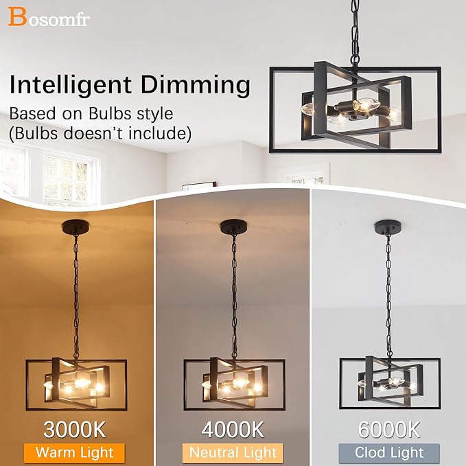 16.5'' Farmhouse Chandelier 4-Light, Black Modern Light Fixture Cross Chandeliers for Dining Room Kitchen Island Bedroom, Rectangular Metal Pendant Light Fixture for Living Room