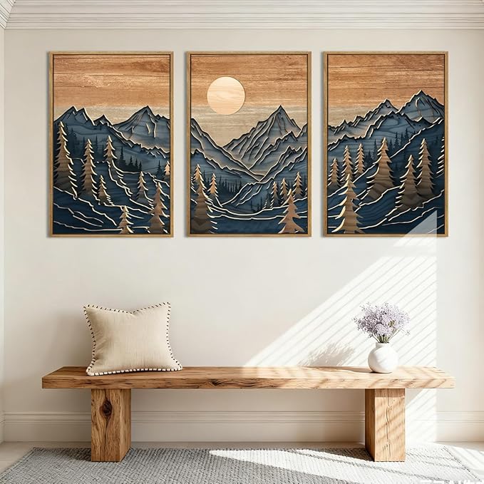 Anyzal Large Mountain Forest Wall Art Decor Framed Vintage Artwork Mid Century Modern Art Print for Living Room Bedroom Office 16x24 Inch Set of 3