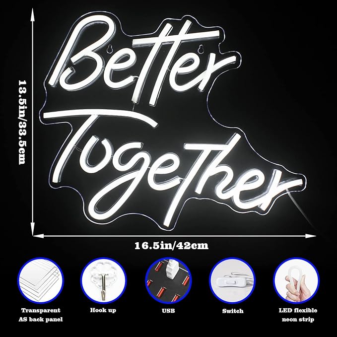 Looklight Better Together Neon Sign Led Lights Decor for Room Wedding White Neon Signs Letters Neon Light for Wall Decor Wedding Engagement Celebrate Party Connectivity