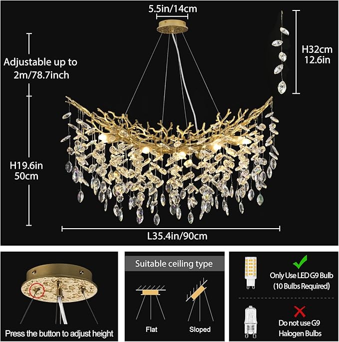 L36inch Crystal Rectangle Chandelier for Dining Room, Gold Tree Branch Chandeliers Over Table, Top K9 Crystal Modern Chandeliers for Kitchen Island,Dining Table,Luxury Rectangular Chandelier