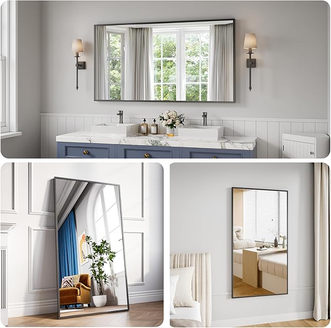 Koonmi Bathroom Mirror 30x55 Black Bathroom Wall-Mounted Mirrors, Modern Vanity Mirror for Bedroom, Living Room, Aluminum Alloy Frame Allow to Hang Horizontally or Vertically