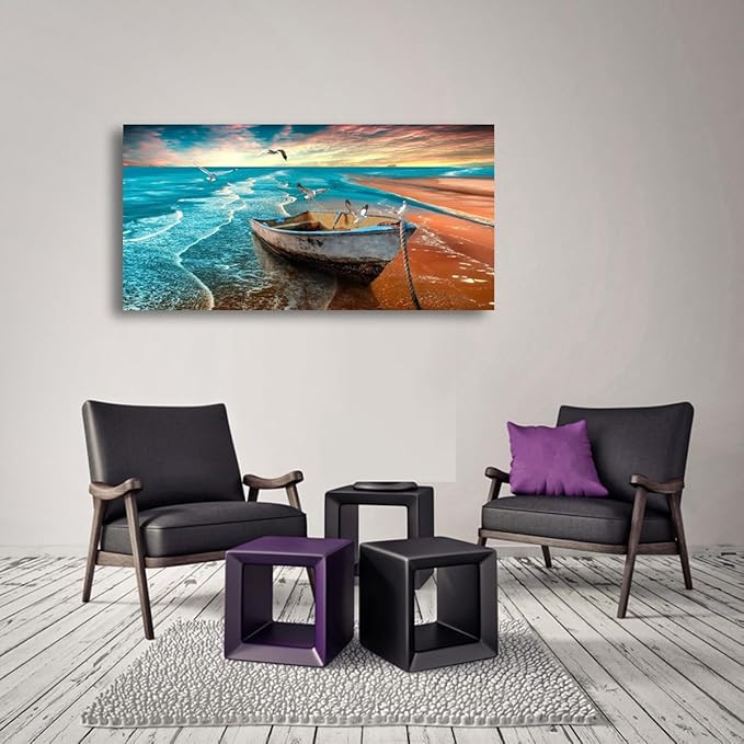 Beach Sunset Pictures Canvas Wall Art For Living Room Bedroom Wall Decor,Seascape Wall Art Print Paitnings For Home Decor,Morden Artwork Boat Canvas Art Waterproof Ready To Hang-24x48 Inches