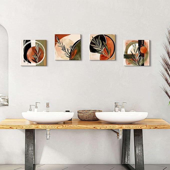 Boho Wall Art Beige Orange Mid Century Modern Wall Decor for Bedroom Abstract Geometric Canvas Painting Bathroom Green Plant Rosmary Minimalist Picture Artwork Living Room Home Decorations 12x12" 4P