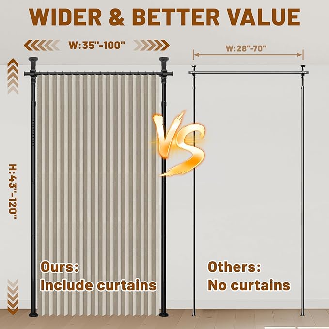 AJAZZ Room Divider Curtain (Cream White, W100 x L84 in,1 Panel)+ Curtain Rods No Drilling Adjustable Tension (H) 43-120×(W) 35-100 in, Heavy Duty Wall Divider for Apartment/Dorm