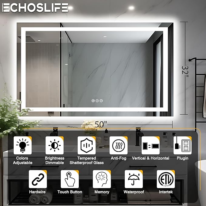 50"x32" LED Lit Bathroom Mirror, Front and Backlit LED Mirror, Anti-Fog Bathroom Mirror with Lights, 3 Colors Stepless Dimmable Mirror, Touch Sense (Horizontal/Vertical)