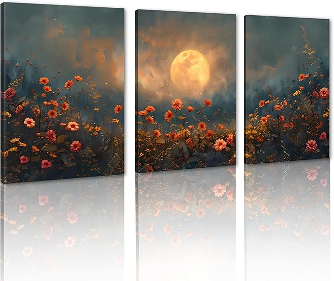 3 pcs Rustic Botanical Wall Art Vintage Moonlit Sky and Blooming Wildflowers Nature Landscape Picture Wall Decor Poster Print Artwork for Bedroom Living Room Home Decoration- 20"x28"x3pcs
