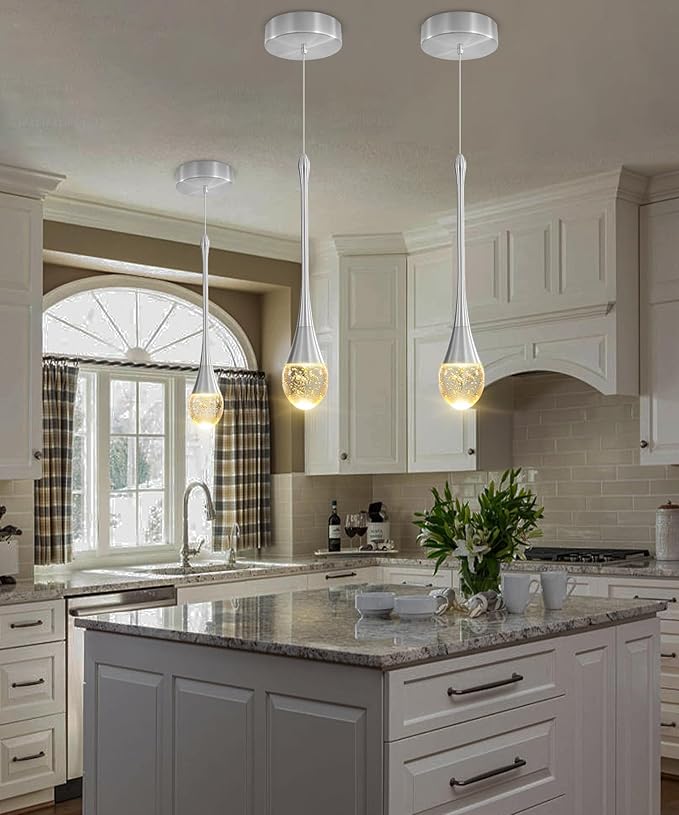 Modern Pendant Lights for Kitchen Island Silver Raindrop Crystal Hanging Light Fxitures Mini Pendant Light Fixture for Dining Room Bar Bedroom （3pack）