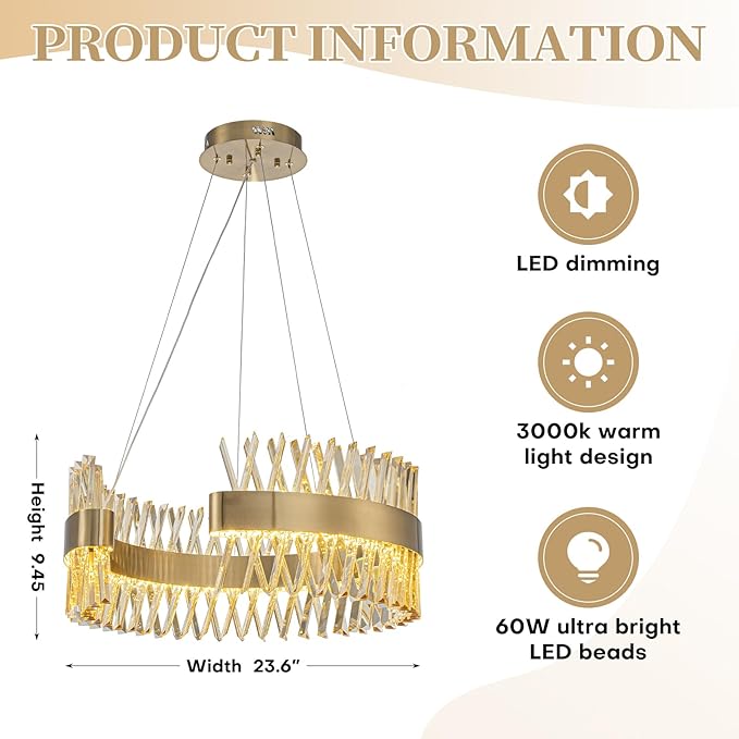 Modern Gold Chandeliers, 24" LED Dining Room Light 60W Dimmable Luxury Crystal Round Chandelier for Kitchen Island Bedroom Foyer Entryway Living Room, Brass