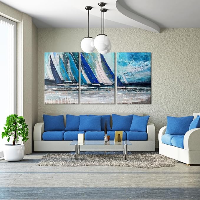 MAMAGO Large Abstract Living Room Wall Art Blue Coastline Landscape Canvas Prints Oil Painting Vintage Nautical Ocean Artwork for Bathroom Office Modern Framed Wall Decor Easy to Hang -24" x36x3pcs