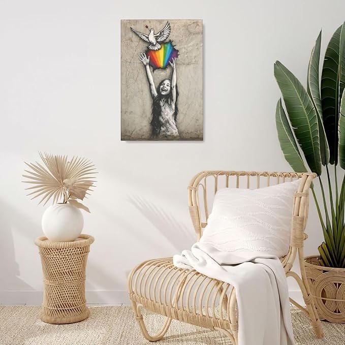 Banksy Street Graffiti Wall Art Rainbow Canvas Wall Decor Love And Peace Pictures Paintings Prints Artwork Framed Modern Decorations For Bedroom Bathroom Office Living Room Gifts 16" x 24"