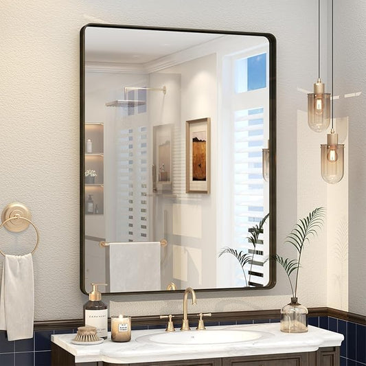 28x36 Inch Bronze Framed Bathroom Mirror, Brushed Bronze Metal Vanity Mirror, Rounded Bronze Rectangle Mirror, Tempered Glass, Anti-Rust, Shatterproof (Horizontal/Vertical)