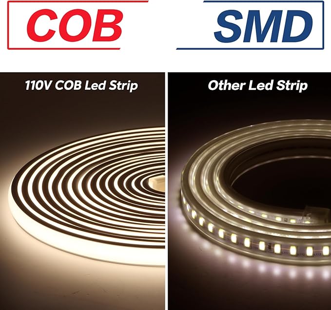 Outdoor LED Strip Lights Waterproof IP67 AC 110V COB LED Strip 6.56 Foot Cuttable Rope Light with US Plug 4000K White Super Bright Cabinet Lights for Bedroom Kitchen Closet Ceiling