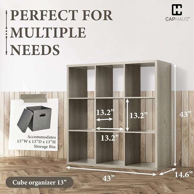 CAPHAUS Sturdy Room 13-Inch Cube Storage Organizer Shelf, with Extra Thick Exterior Edge, Open Storage Shelf Divider, Bookcase, 6-Cube / 8-Cube / 9-Cube, Colors Available in Rustic Grey Oak and White
